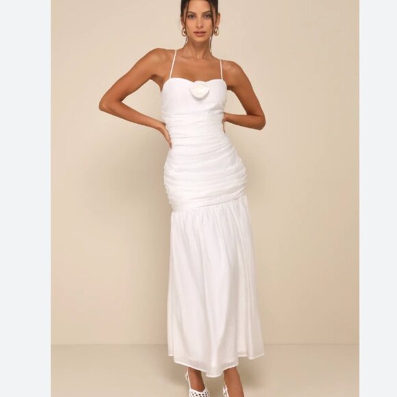 NWT Lulus Dream Elegance White Ruched Rosette Drop Waist Maxi Dress Size Medium - Picture 1 of 6